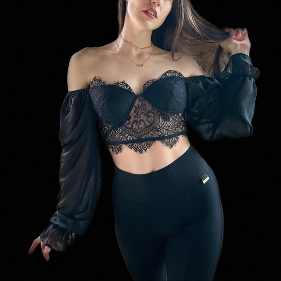 Fashion Nova Tops - Fashion Nova Sheer Lace Off the Shoulder Crop Top